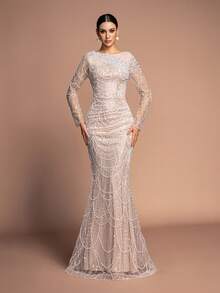 Alluring Women's Fitted Mermaid Maxi Dress With Exquisite Beading And Long Mesh Sleeves Round Neck Design - 杏色 - 查看 1