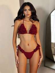 Bonvoyette 2ชิ้น/ชุด สีพื้น สง่างาม คล้องคอ สายสปาเก็ตตี้ ลายดอกไม้ ชุดว่ายน้ำผู้หญิงสไตล์ลำลองสำหรับฤดูร้อน