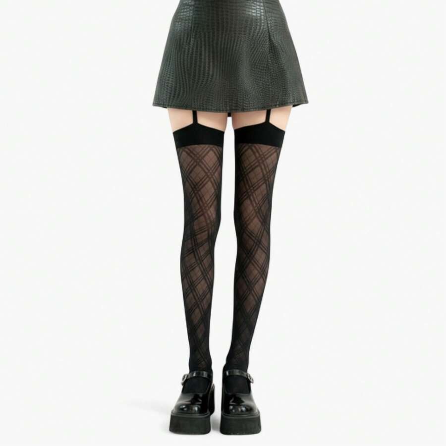Women's Sheer Plaid Pattern Thigh High Tights With Elastic Band Top And Garter Style Detail - Black - 黑色 - 查看 1