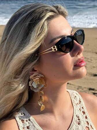 1 Pair Women's Champagne Oval Frameless Metal Leg Edgy Small Frame Fashion Eyeglasses, Suitable For Everyday Wear