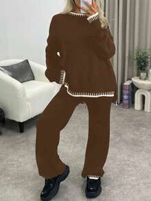مجموعة كنزة صوفية محبوكة ذات لونين متباينين للنساء، كنزة صوفية بياقة طاقم وأكمام طويلة مقترنة مع بنطلون، طقم ملابس كاجوال مكون من قطعتين للنساء للخريف/الشتاء، ملابس منزلية - بني - مشاهدة 5