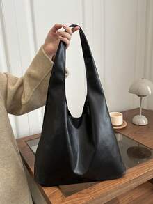 Women's Solid Color PU Leather Fashion Large Capacity Shoulder Bag For Daily Use - Black - View 2