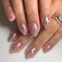 Pink & Silver Press On Nails Short Almond Fake Nails Silver Star Bow Nail Art Design False Nails Press Ons For Women Manicure,Glossy Finish | Reusable | Nail Kit With Jelly Adhesive Tabs | 24 PcsStyle-10 - Phong cách-10 - Xem 1