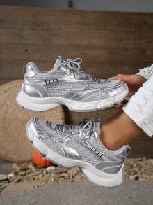 Giày thể thao đế dày bằng da mềm mới mùa xuân/hè 2024, giày chạy bộ lưới thoáng khí cho nữ, giày thể thao thường ngày - Bạc - Xem 7