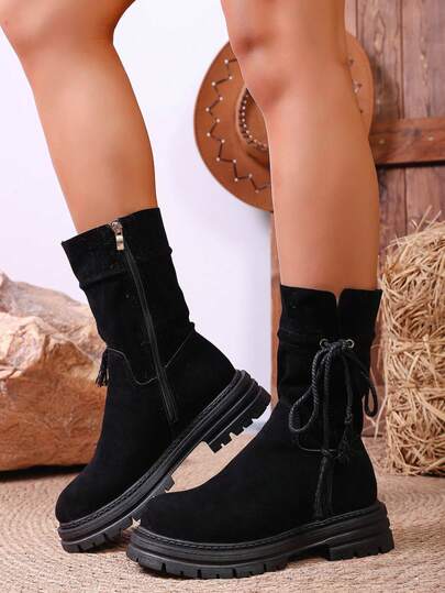 2025秋季新款复古短靴，女士侧拉链系带中筒靴，舒适休闲宽松靴