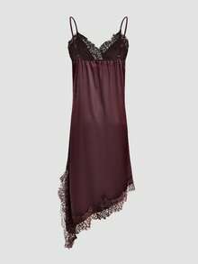 New Elegant Lace Patchwork Spaghetti Strap Dress, Suitable For Evening Date, Holiday, Party, All Seasons Summer - Coffee Brown - View 9