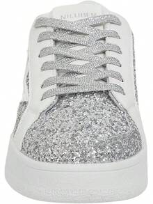Niluber Star Sneakers For Women Low Top Cushioned White Gold Sliver Leopard Platform Sneakers Lace Up Red Glitter Platform Party ShoesChristmas - 銀色閃光 - 查看 2