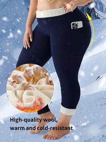 Best-Selling Plus-Size Women's 1 Pair Thick Fleece-Lined Shaping Tights With High-Waisted Design, Convenient Pockets, Cashmere Warmth, Ideal For Winter Outdoor Wear, Comfortable And Easy To Style. - Navy Blue(藏青) - 查看 1