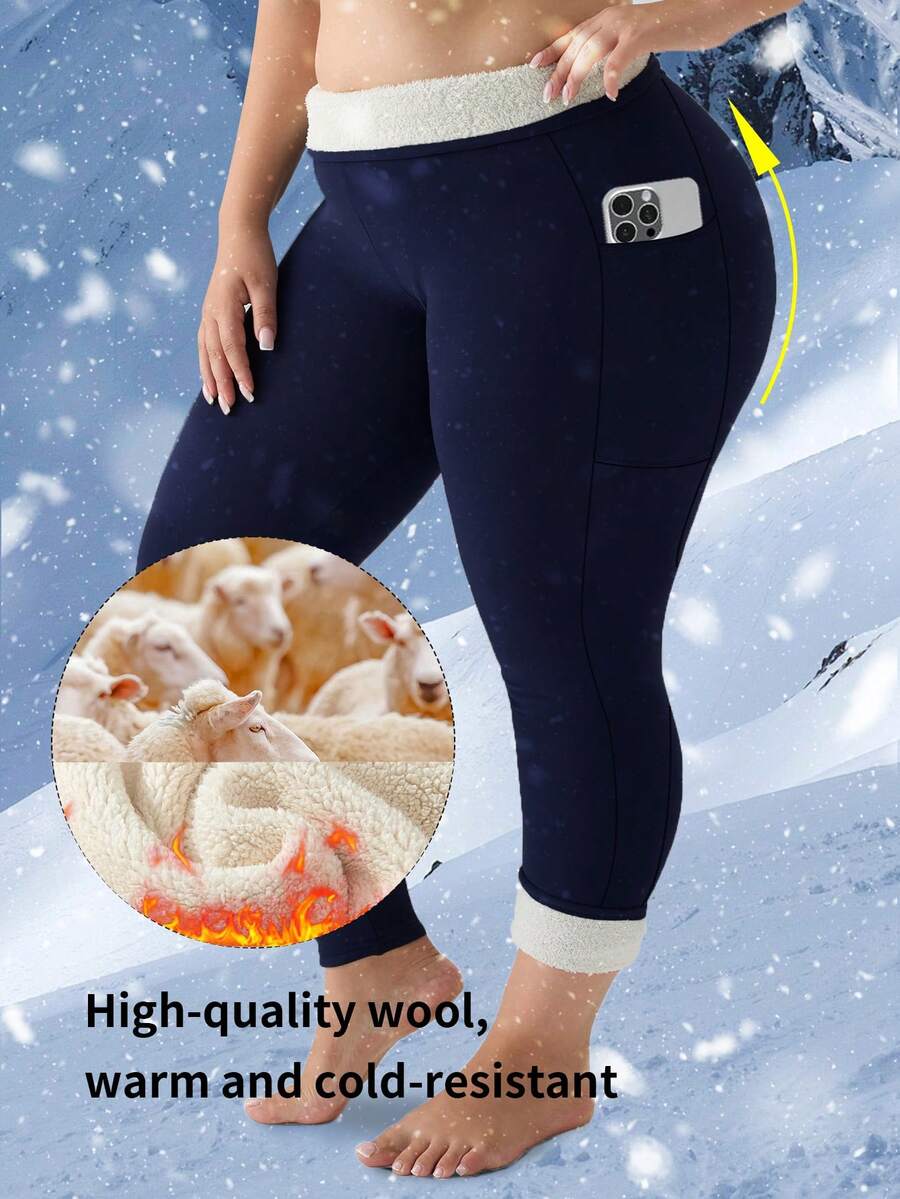Best-Selling Plus-Size Women's 1 Pair Thick Fleece-Lined Shaping Tights With High-Waisted Design, Convenient Pockets, Cashmere Warmth, Ideal For Winter Outdoor Wear, Comfortable And Easy To Style. - Navy Blue(藏青) - 查看 1