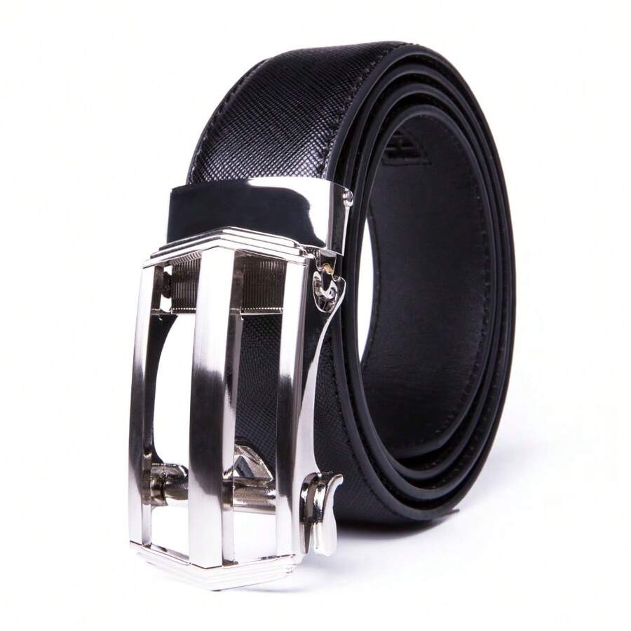 1 PC Leather Ratchet Belts For Men - Men's Belt With Automatic Buckle For Suits Jeans And Uniform Sliding Automatic Buckle Ratchet Dress Belt - 黑色 - 查看 1