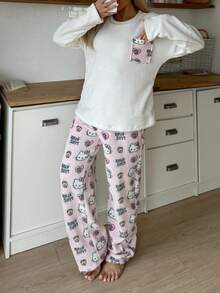 [WONDER WORLD]2pcs Hello Kitty Women Cute Plush Crew Neck Long Sleeve Top And Elastic Waist Straight Leg Pants Lounge Set, Fluffy Winter Clothes - Beige - View 2