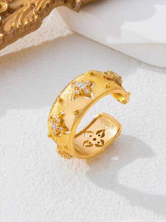 1枚镂空奢华时尚开口戒指，铜合金镶嵌人造锆石复古戒指