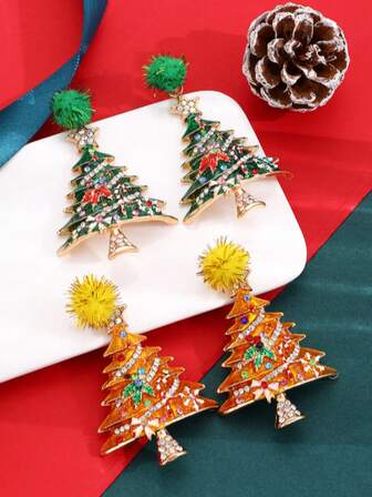 1 par de pendientes colgantes de árbol de Navidad con strass de aleación, joyería de disfraz para fiesta de vacaciones (sin tarjeta)
