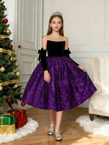 2 件套青少年女孩优雅无袖亮片褶皱长裙，带蝴蝶结袖口，适合婚礼、舞会、派对、生日、圣诞节、秋冬 - 彩色 - 查看 5