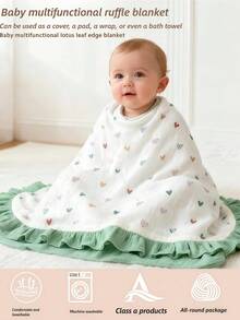 1pc Printed Double-Layer Crinkle Blanket, Newborn Baby Ruffled Edge Swaddle Wrap Quilt - Multicolor - View 2