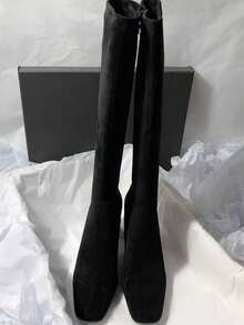 Fall/Winter Square Toe Thick Heel Side Zipper Super High Heel Suede Minimalist Style Knee-High Boots For Women