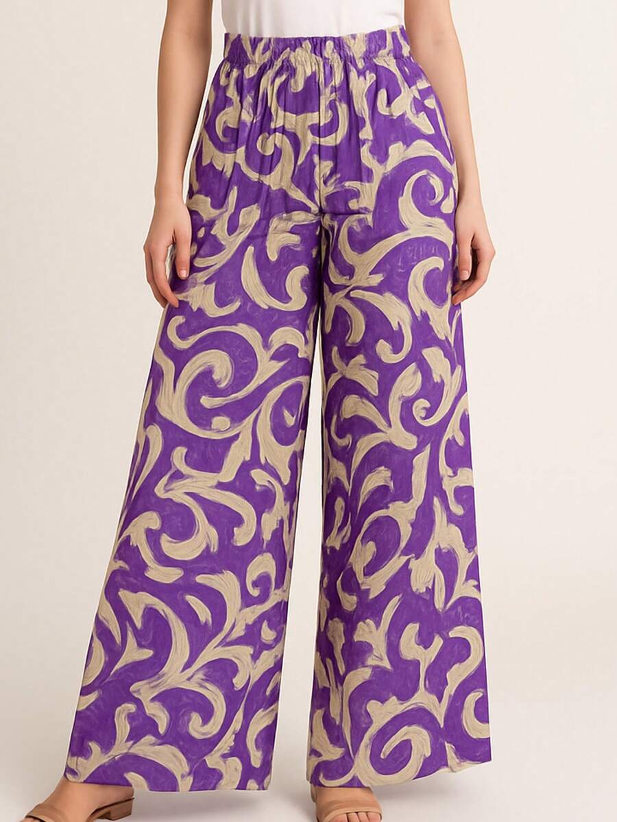 Floral Print Wide-Leg Pants, Loose Fit, Summer Style, Elastic Waistband, Side Pockets, Duna Fabric. - Lilac - View 1