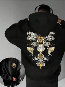 Double Sided Printed Men's Hoodie Featuring Dragon Tiger Warrior Design With Gold And White Mythical Artwork Streetwear Style For Urban Fashion Lovers Casual Wear For Daily Outings Nightlife Events And Hip Hop Culture Fans Premium Cotton Blend Sweatshirt With Bold Graphic Print  Unisex Hooded Jacket For Young Adults And Fashion Enthusiasts - 黑色 - 查看 1