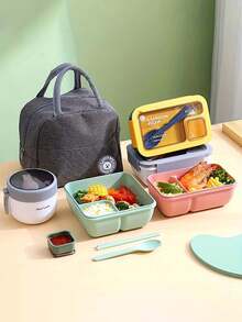 1pc Adult Size PP Plastic Square Lunch Box With Lid, Comes With Utensils And Dipping Sauce Dish, Multipurpose, Portable, Reusable, Lightweight. Optional Cup, Oatmeal Cup, Breakfast Cup And 1pc Portable Lunch Bag With Zipper And Built-In Aluminum Foil Insulation Layer, Suitable For Office Workers, Students, Outdoor Activities And Camping. - Multicolor - View 7