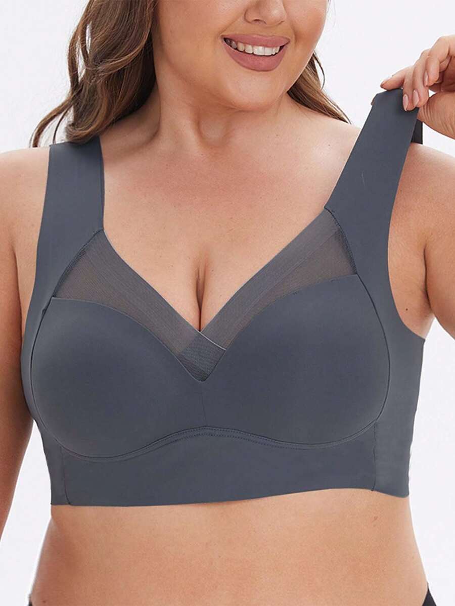 New Seamless Wireless Full Coverage Women'S Bras, Mature Solid Color, High Support, Comfortable And Breathable Back, Knitted Fabric With Mesh Details, Non Removable Pads - Perfect For Spring Festival And Mother'S Day! - 灰色 - 查看 1