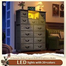 EnHomee 47" Tall 13-DrawerDresser With 4 Charging Ports And  LED Light , Fabric Organizer With Open Shelves & Wood Top For Multi-Room Use, Black - 黑色 - 查看 6