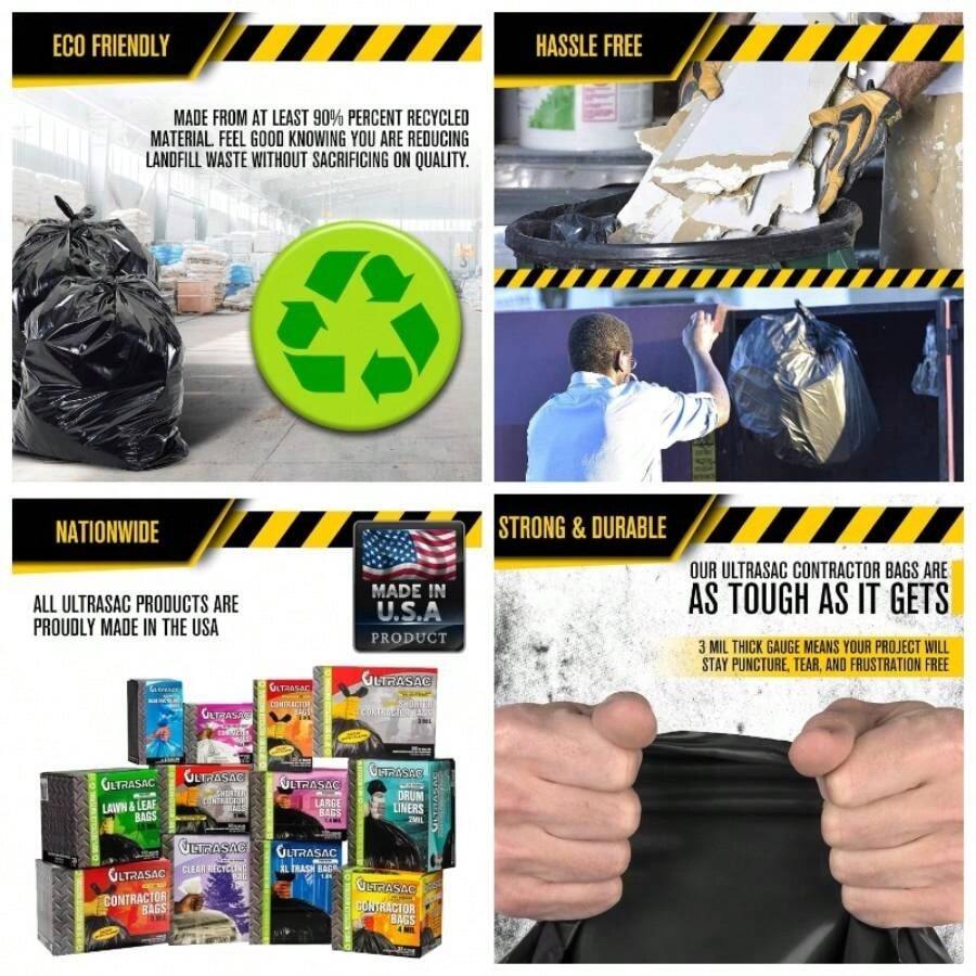 Contractor Bags 42 Gallon 20 PACK/ FLAP TIES 33 inchx 45 inch - 3 MIL Thick Large Black Heavy Duty Industrial Garbage Trashbags Professional Construction and Commercial use - 42 galones - Ver 1