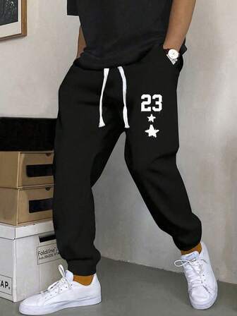 1 pieza Pantalones con cordón de talla grande unisex, con estampado numérico y de estrellas, para uso casual, ir al trabajo, deportes, exterior
