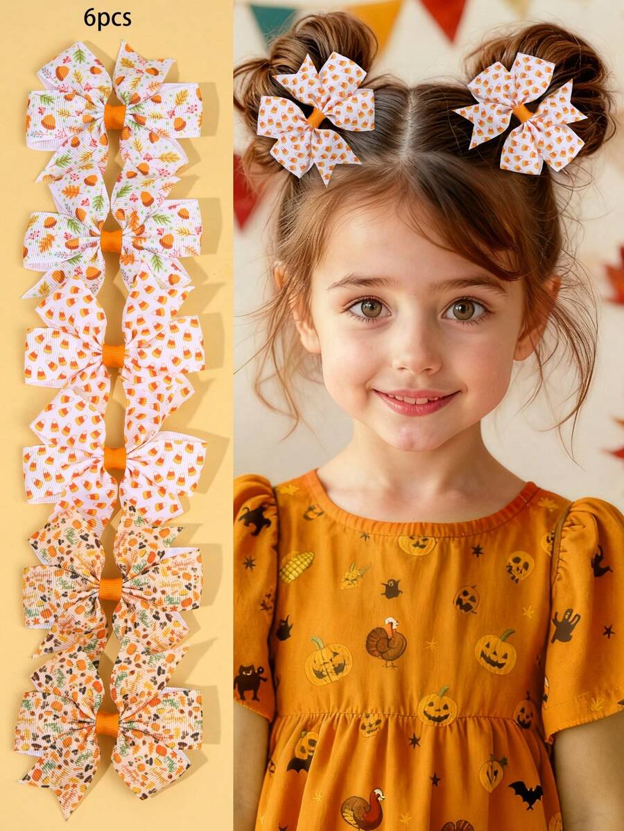 6pcs Orange & White Thanksgiving Day Hair Bows, Pumpkin & Corn Nuts Print Pinwheel Hair Clips, Cute Hair Accessories For Girls Teens Thanksgiving Gifts Party Daily