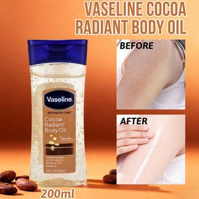Vaseline 凡士林可可亮肤滋养油，深层滋养，修护肌肤，缓解干燥，提亮肤色，快速吸收，改善肤质，增强弹性，纯可可脂，淡化细纹，均匀肤色，强化肌肤屏障，轻盈不油腻，保湿柔嫩肌肤。