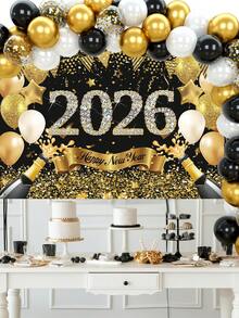 68件/套 2026新年派对装饰，10英寸黑金乳胶气球，“2026新年快乐”香槟色铝箔气球图案背景，新年快乐派对气球，12英寸金属乳胶气球，适用于欢乐的新年庆祝背景、新年除夕派对、新年背景装饰、墙面装饰、单身派对装饰、新年照片背景装饰 - 新年套裝A款 - 查看 2