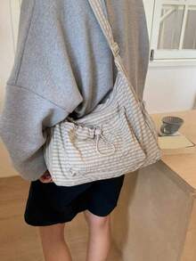 Plaid Women's Shoulder Bag, Casual Versatile Foldable Zipper Closure Adjustable Strap Handbag, Suitable For Daily Use, Students/College, Minimalist Cute Pleated Multi-Pocket Drawstring Front Pocket Tote - Multicolor - View 9