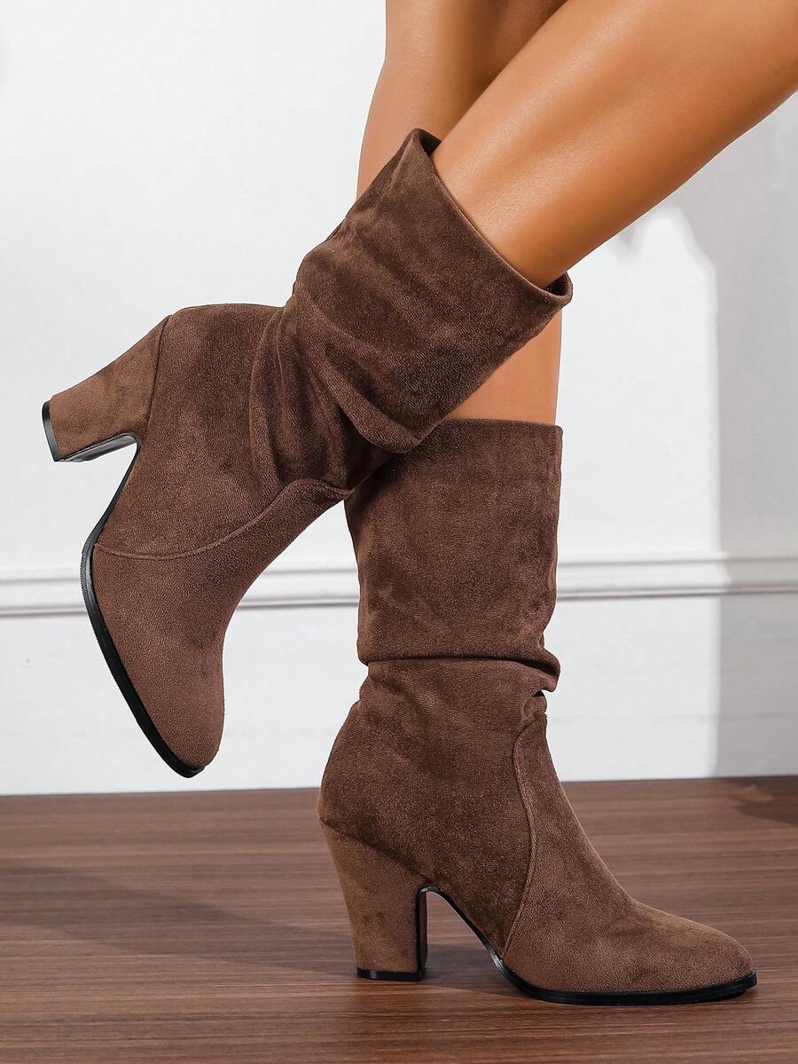 Chunky Heel Slouchy Boots Round Toe Suede Slim Tall Boots For Women, New Autumn/Winter Mid-Calf Riding Boots High Heel Chunky/Slim Heel - Coffee Brown - View 1