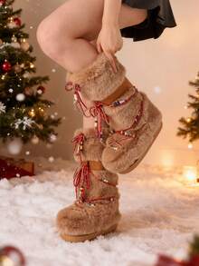 Faux Fur Snow Boots For Women Fuzzy Fluffy Furry Lace Up Mid Calf Boots Winter Warm Fur Boots For Christmas - 駝色 - 查看 9