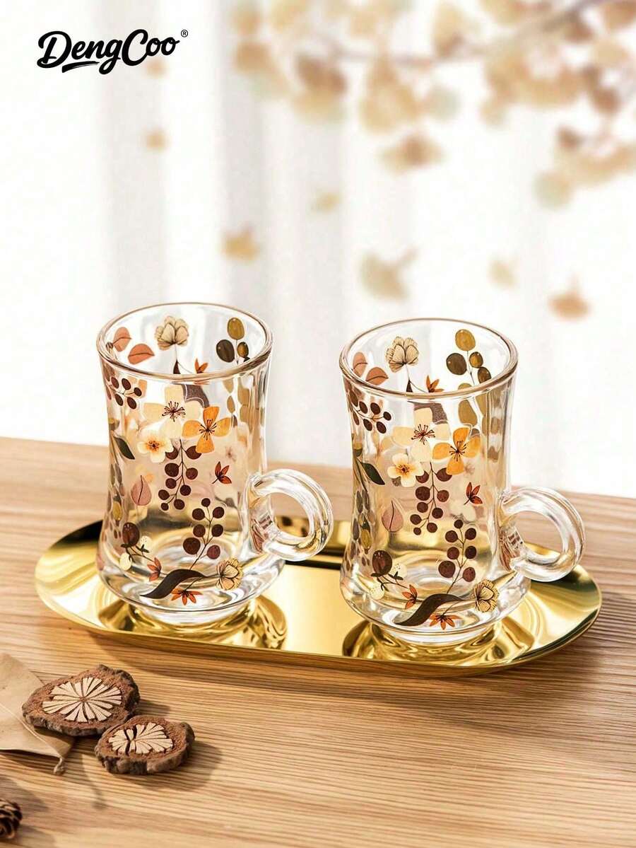 Dengcoo 3pcs Teacup And Saucer Set, Flower And Leaf Pattern Glass And Plate Set, Coffee Mug, Tea Cup, Water Cup, Milk Tea Cup, Cup With Handle, Gold Serving Tray, Snack Tray, Dessert Tray, For Home, Cafe, Saudi National Day - Cup - View 1