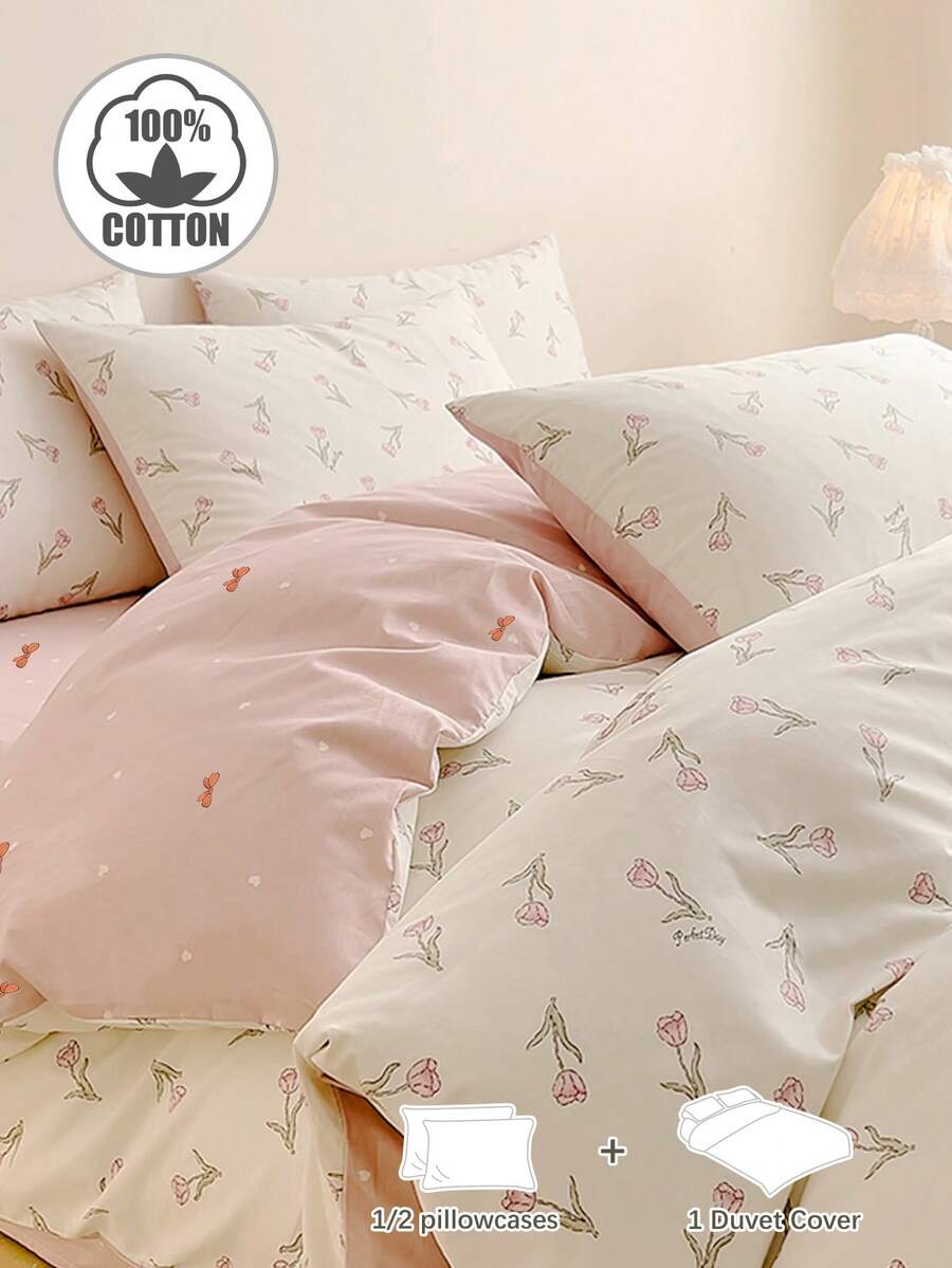 Set de funda nórdica de 2/3 piezas 100% algodón, flor, ropa de cama, funda de edredón súper suave y amigable con la piel, eructo lavado para niños y niñas, estudiante escolar, vestido de dormitorio, Set ebrio con estampado floral y funda tipo peluche, núcleo de acolchado no incluido, apto para camas individuales de rey completo de todos los tamaños, adecuado para todas las estaciones, decoración del hogar, regalo de lavado de la camaT Máquina de limpieza - Rosa - Ver 1