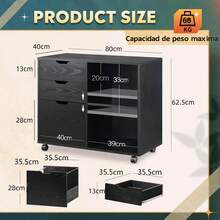 Archivador de madera de 3 cajones, archivador lateral móvil, soporte de impresora con estantes de almacenamiento abiertos para oficina en casa - Negro - Ver 2
