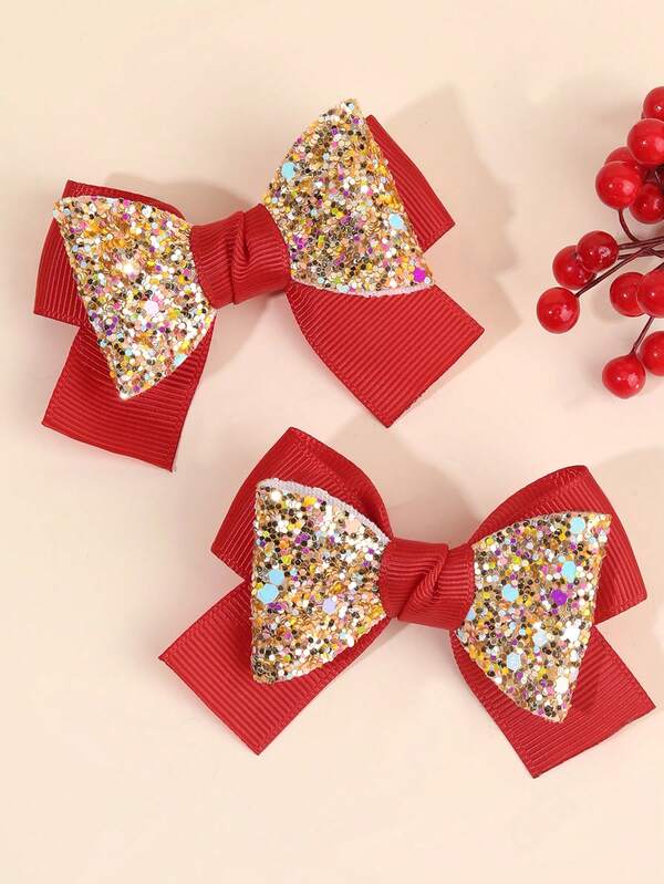 2pcs Red Hair Bow Clips For Girls Sparkly Hair Bows Princess Bow Hair Clips New Year Hair Accessories Girls Hair Accessories