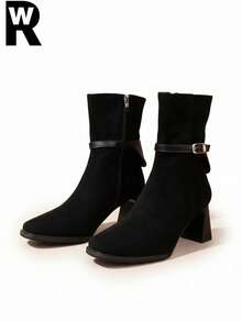 Maillard Brown High Heel Boots, Slimming, Stylish, High-End, Retro Square Toe Ankle Boots For Women, Chunky Heel, Autumn/Winter - Black - View 1