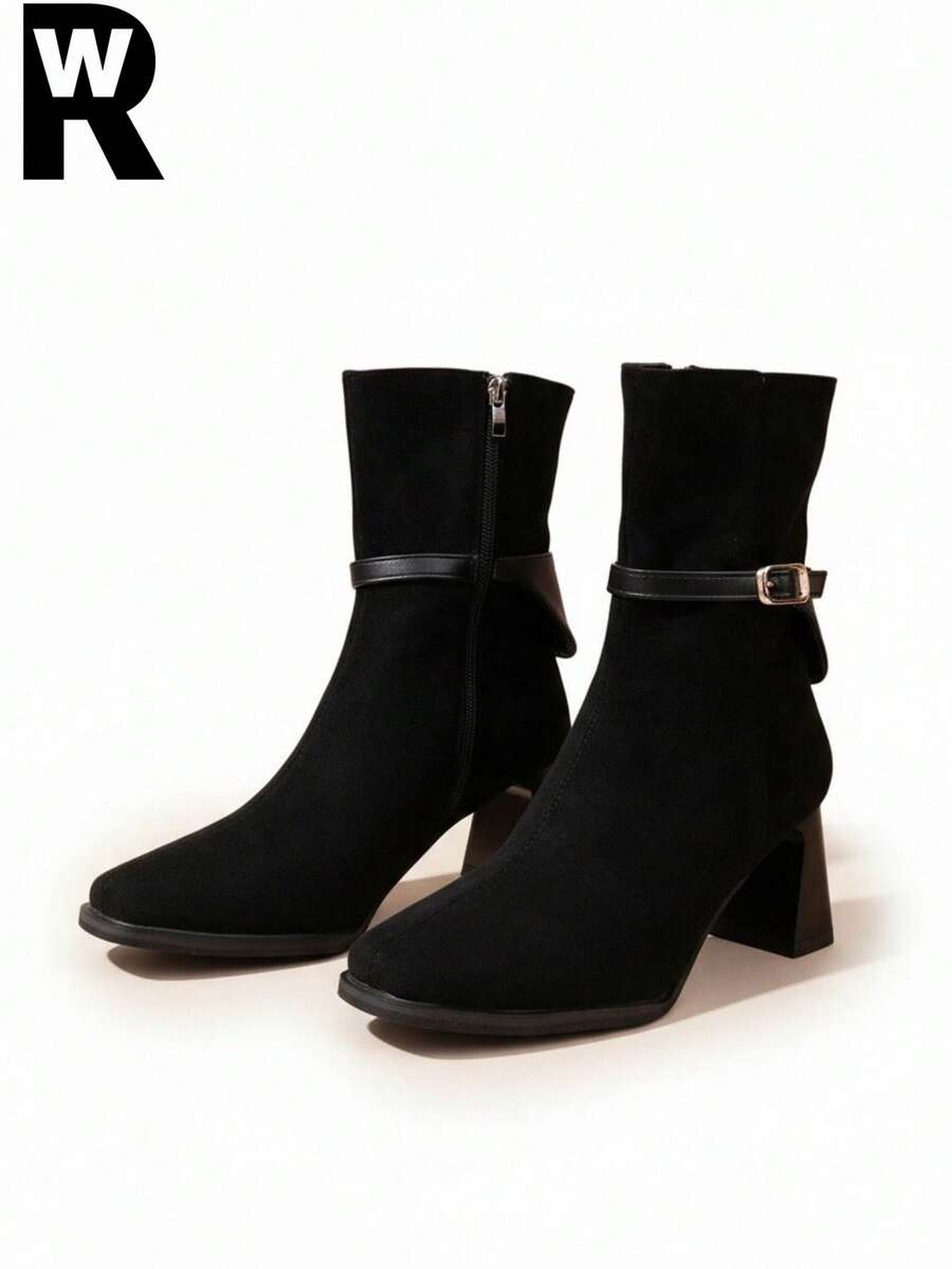 Maillard Brown High Heel Boots, Slimming, Stylish, High-End, Retro Square Toe Ankle Boots For Women, Chunky Heel, Autumn/Winter - Black - View 1