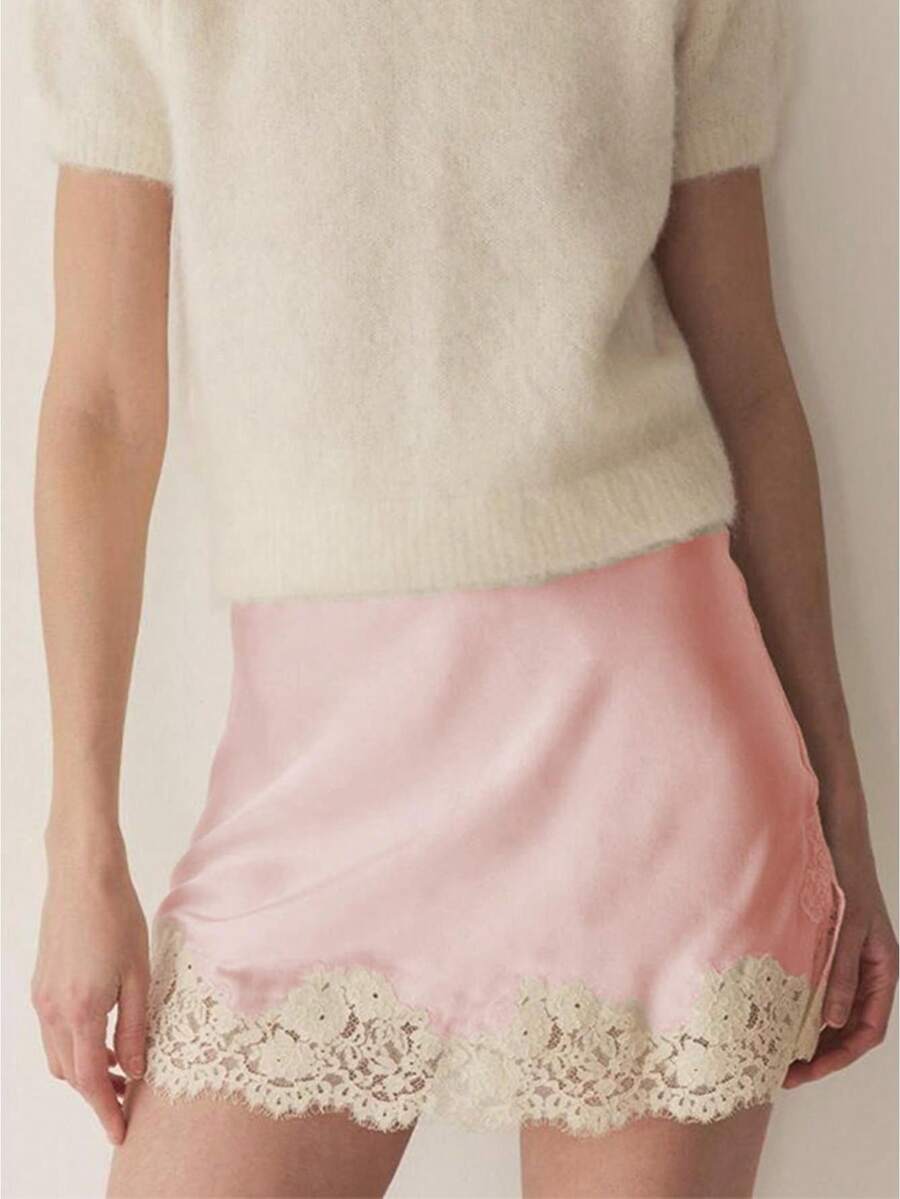 Women Satin Floral Lace Trim Mini Skirts Silky Low Rise A Line Half Slip Underskirt Y2k Bodycon Short Skirt - 粉色 - 查看 1