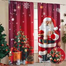 2PCS Festive Santa Claus And Christmas Tree Printed Curtains - Red, Digital Printed Polyester Curtains With Rod Pocket, Suitable For Living Room, Bedroom, Kitchen, And Festive Decoration, Christmas Curtains