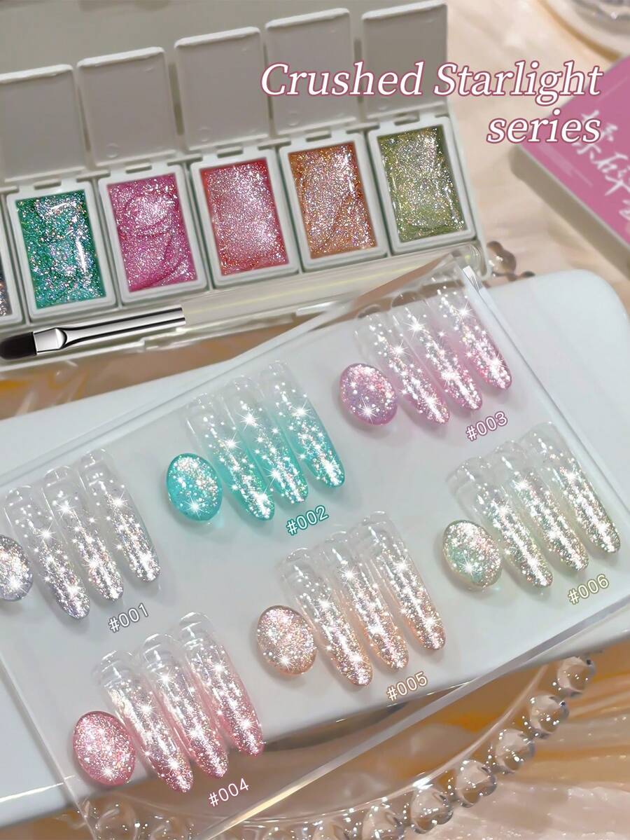 6-Color Shattered Starlight Solid Gel Set - Cosmic Glitter Hues With Twinkling Star Effects, Perfect For Dreamy Girls' Night Looks & Fantasy Nail Art, Easy Apply & Long-Lasting - Nhiều màu - Xem 1