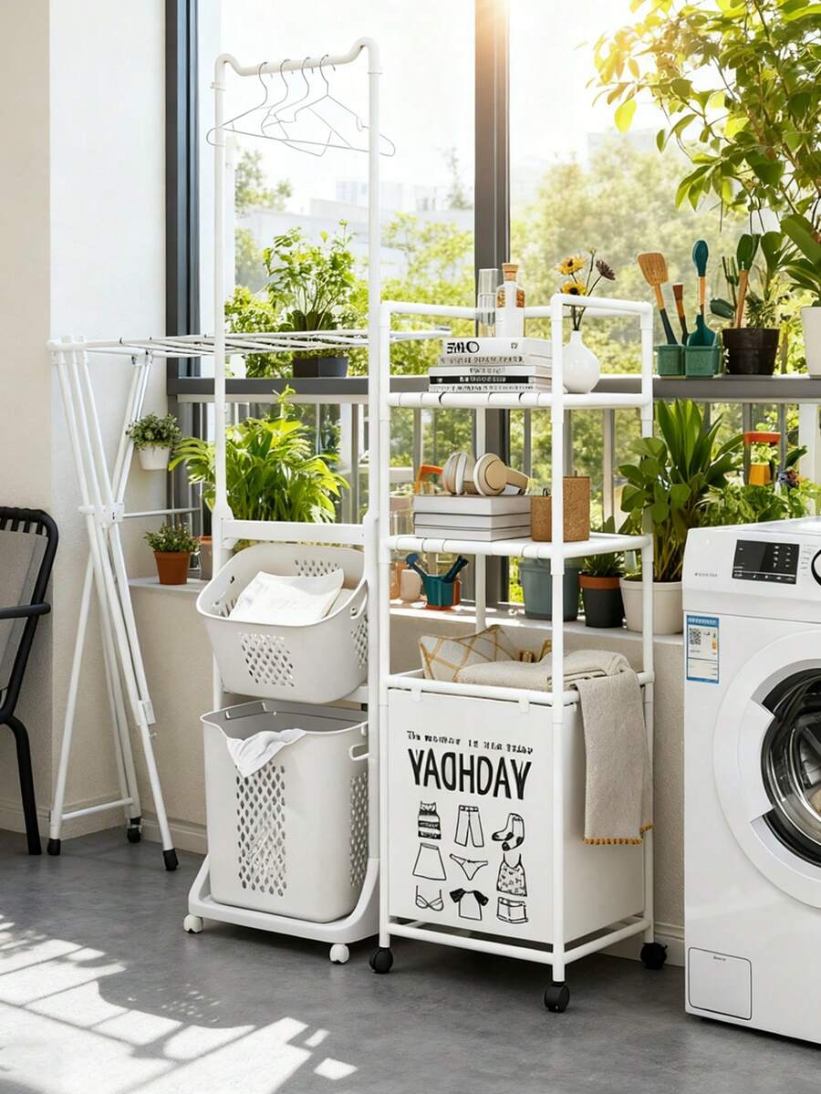 1件装多功能浴室落地式储物架移动洗衣篮衣物收纳架，适用于浴室、卧室、客厅、厨房、走廊，紧凑节省空间，带多层开放式置物架的滚动推车，外观可调节，便携式家居收纳方案，适用于小型公寓、宿舍、家庭衣橱，可收纳床单、毛巾、玩具、宠物用品等，是节日送礼佳品，适合返校季、万圣节、感恩节、圣诞节等节日。