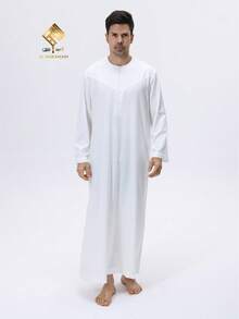 AL HARAMAIN Men's Elegant Arabic Robe - Soft Long Sleeve Prayer Garment, Machine Washable, Suitable For All Seasons, Ramadan And Formal Religious Occasions | Round Neck Design | Smooth Texture | 2025 Latest Omani Style Prayer Robe, Soft And Pill-Resistant Material