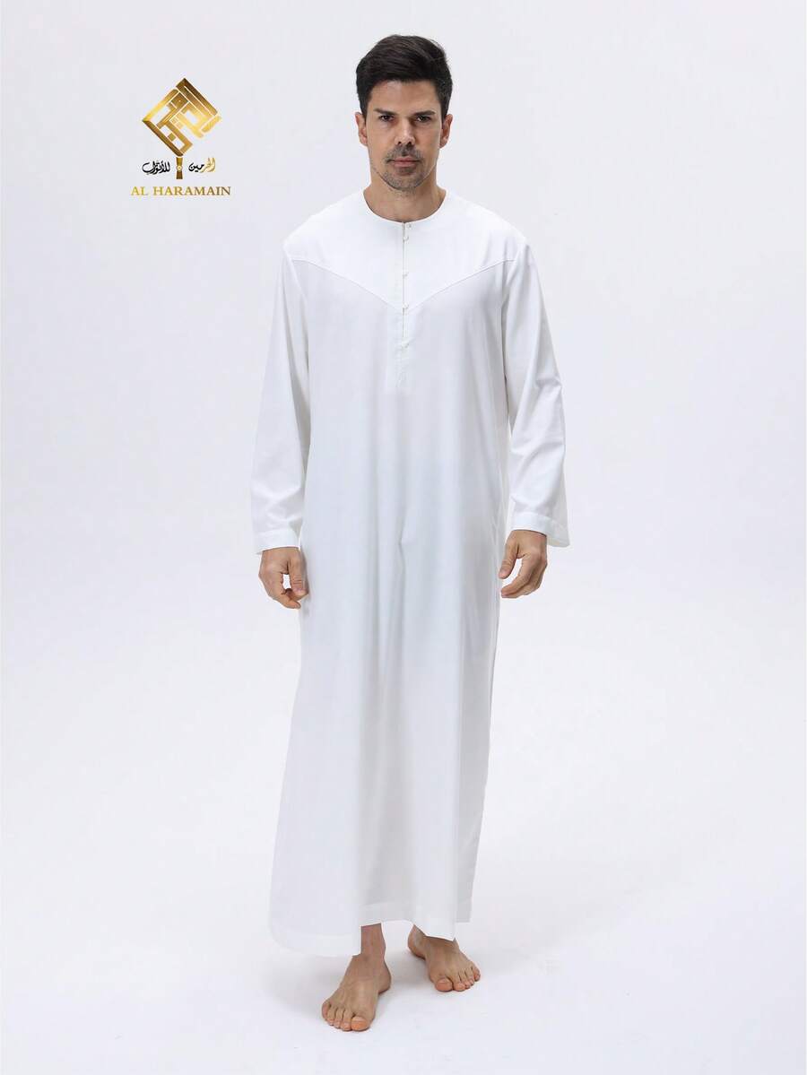 AL HARAMAIN Men's Elegant Arabic Robe - Soft Long Sleeve Prayer Garment, Machine Washable, Suitable For All Seasons, Ramadan And Formal Religious Occasions | Round Neck Design | Smooth Texture | 2025 Latest Omani Style Prayer Robe, Soft And Pill-Resistant Material