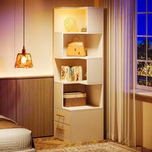 LITTLE TREE 5-Tier Corner Bookshelf With 2 Drawers, 66.9-Inch Tall Corner Bookcase Shelf, Modern Simple Corner Storage Cabinet Display Rack Shelf For Living Room, Home Office, White