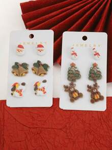 1 Set Cute Cartoon Christmas Series Santa Claus, Animal, Christmas Tree Earrings, Fashionable European And American Design, Versatile Matching - Christmas Earring Set 1 - View 1