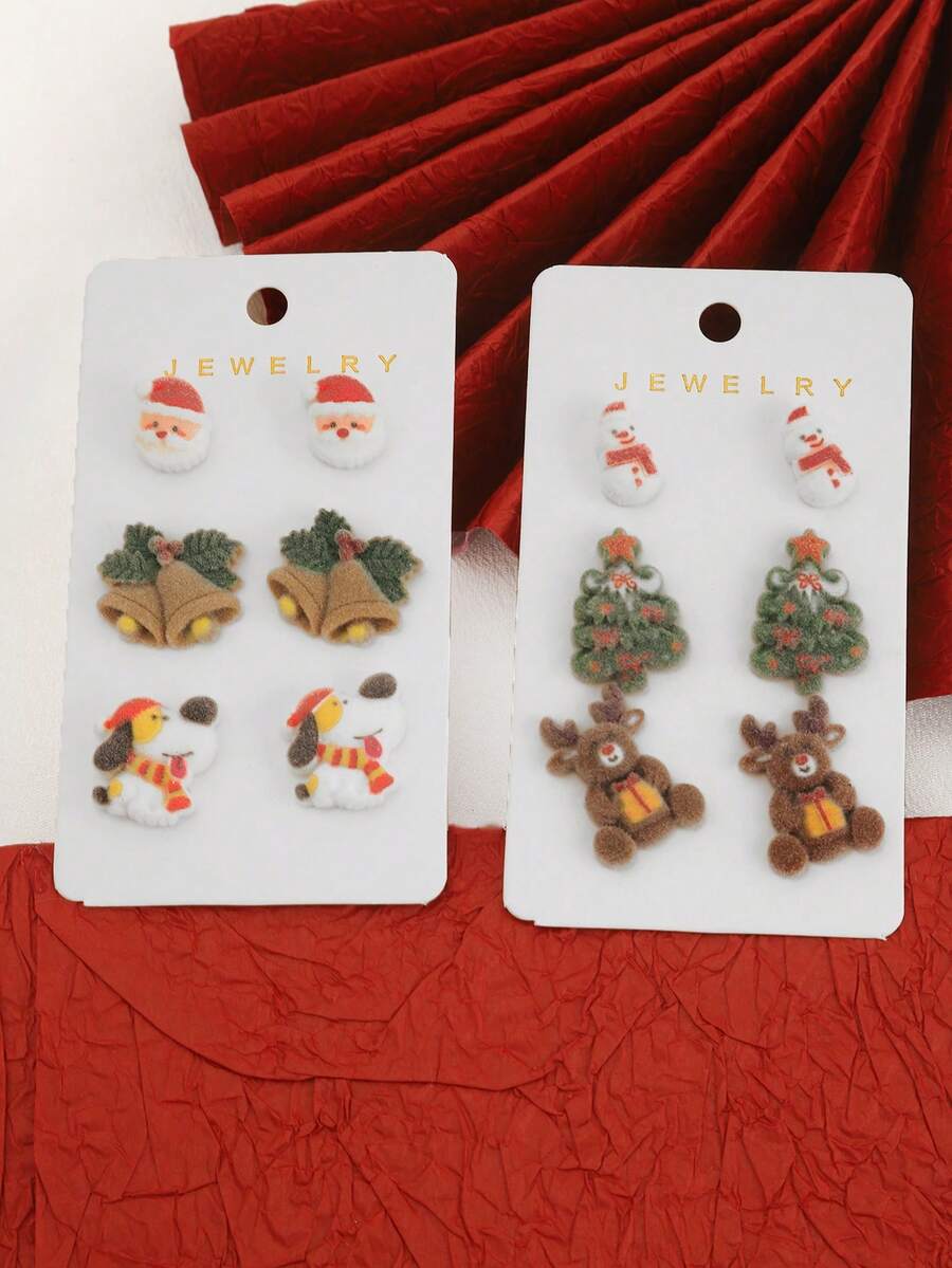 1 Set Cute Cartoon Christmas Series Santa Claus, Animal, Christmas Tree Earrings, Fashionable European And American Design, Versatile Matching - Christmas Earring Set 1 - View 1