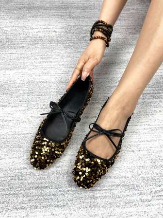Women's Gold Sequin Square Toe Soft Bottom Flat Shoes With Bow Decor, One-Strap Mary Jane Slip-On Shoes, Comfortable Casual Shoes Suitable For All Seasons, Elegant Leisure Shoes For Spring Festival Holiday And Daily Wear