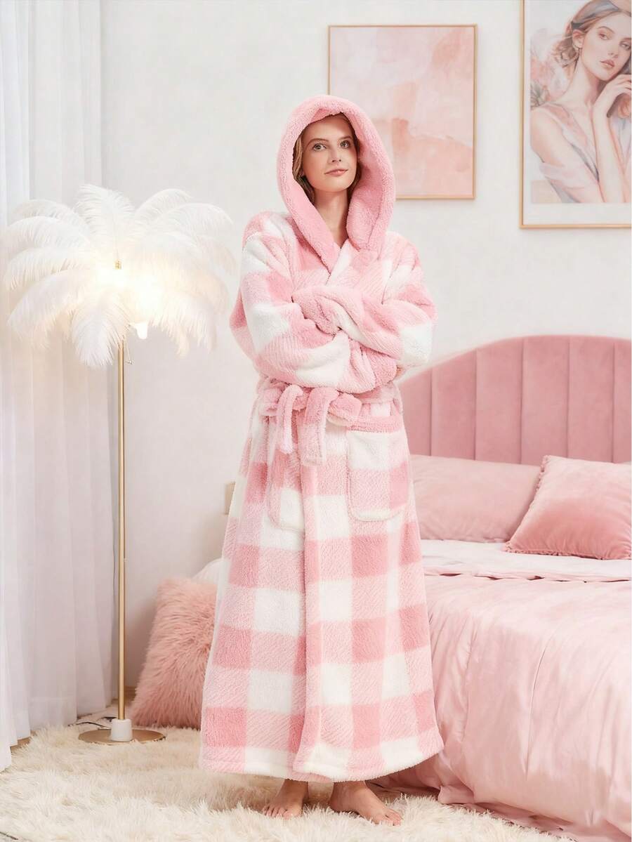 3/1 件女士纯色羊毛提花休闲睡袍，秋冬保暖内衬连帽宽松长袖法兰绒浴袍带口袋，睡衣，舒适法兰绒，圣诞节必备，睡袍，保暖防寒，非常适合家居装饰，冬季保暖，圣诞礼物，生日礼物，室内装饰 - 彩色 - 查看 1